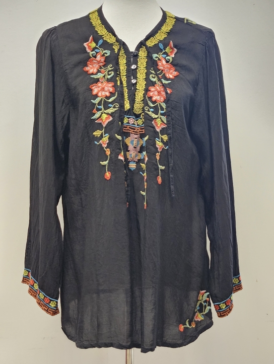 Johnny Was Tops - Johnny Was Suko V-Neck Embroidered Tunic Black Blouse Size XL